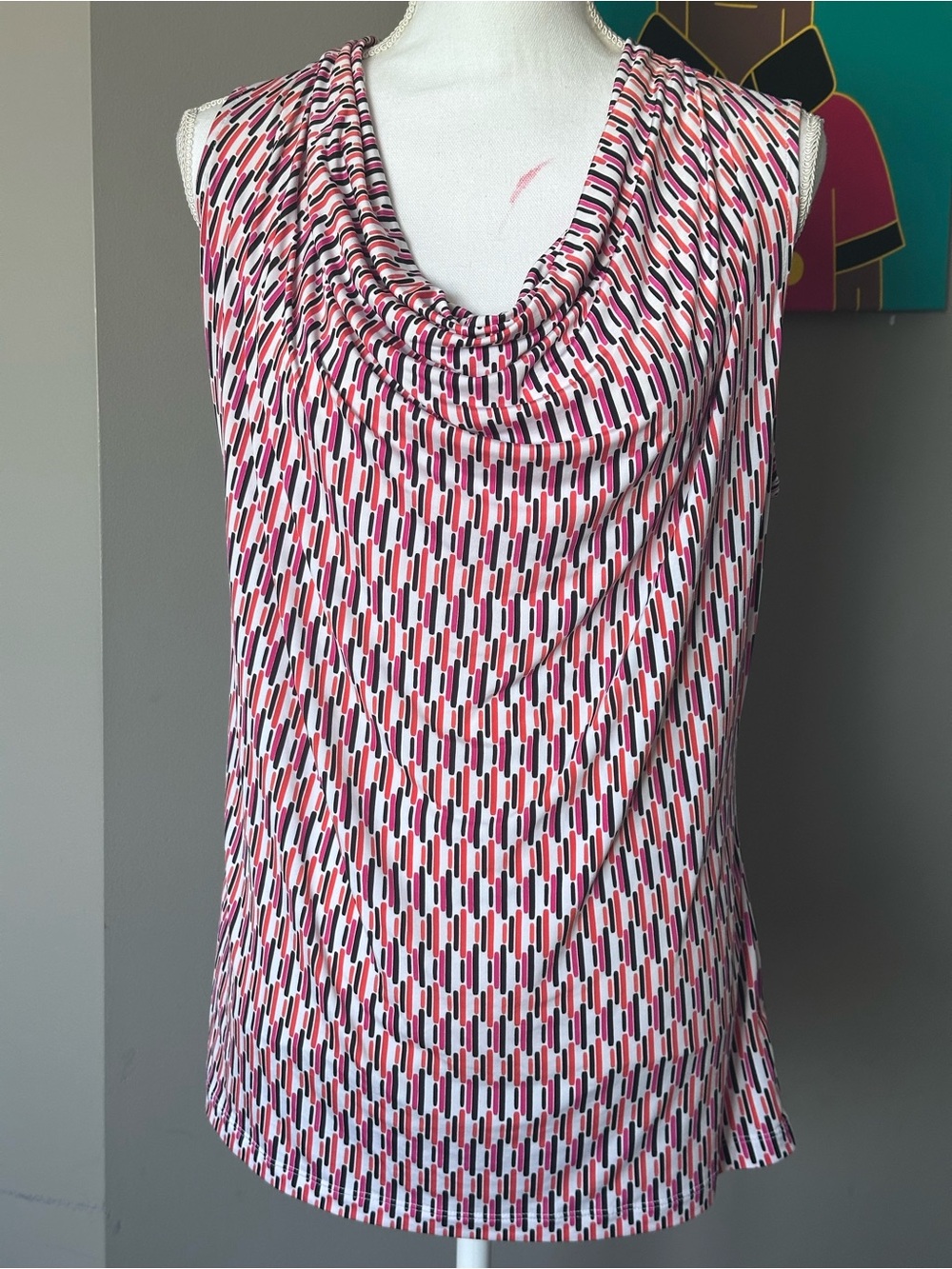 Worthington Pink Black Orange White Patterned Draped Cowl Neck Tank